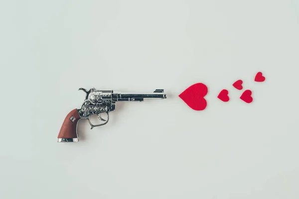 Top View Gun Aiming Paper Hearts Isolated White Valentines Day — Stock Photo, Image