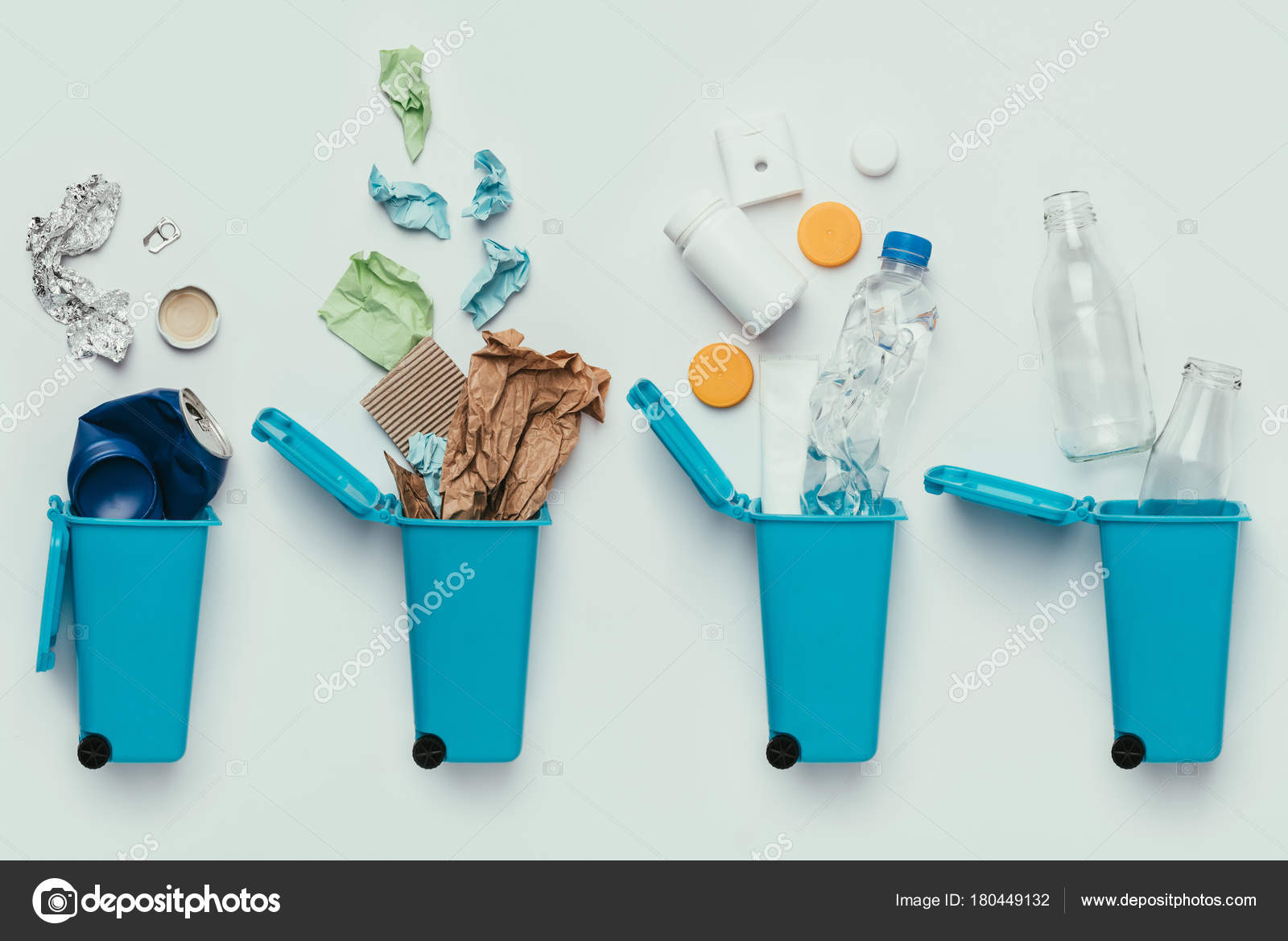 Top View Trash Bins Assorted Garbage Isolated Grey Recycle Concept