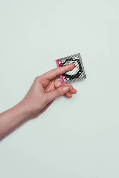 Cropped Shot Woman Condom Hand Isolated Grey — Stock Photo, Image