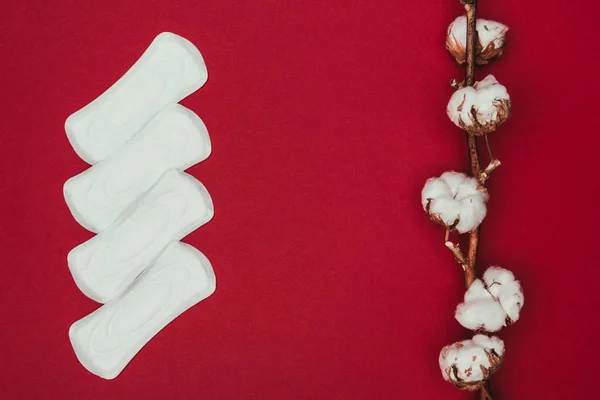 Bovenaanzicht Van Gearrangeerde Menstruele Pads Katoen Takje Geïsoleerd Rood — Stockfoto