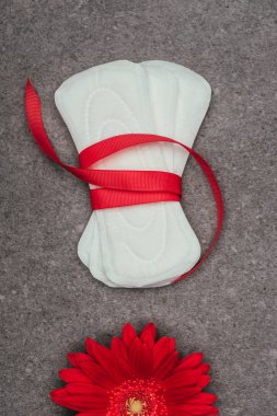 top view of arranged menstrual pads with ribbon and red flower on grey surface clipart