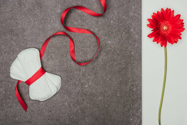 top view of arranged menstrual pads with ribbon and red flower on grey surface