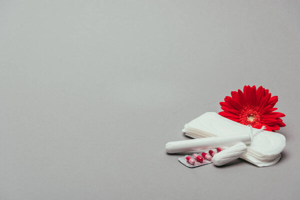 close up view of flower,pills, menstrual pads and tampons isolated on grey