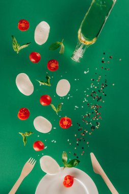 close up view of mozzarella cheese, cherry tomatoes, spinach, spices and olive oil falling on plate isolated on green clipart