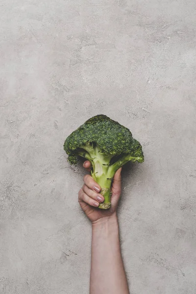 Cropped Shot Person Holding Fresh Organic Broccoli Grey — Stock Photo, Image