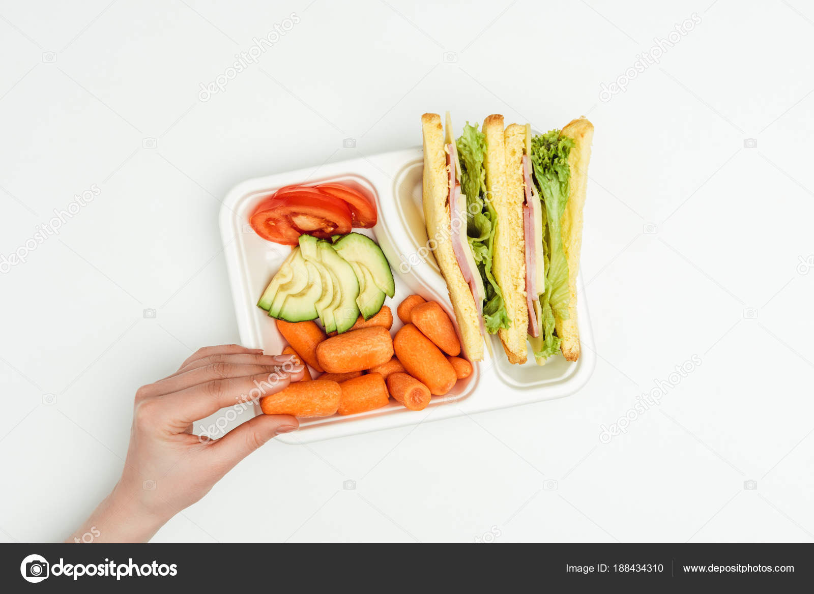 Cropped Image Woman Taking Carrot Lunch Box Isolated White — Stock