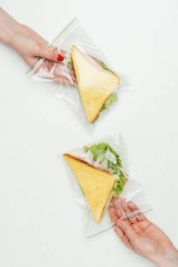 cropped image of women holding sandwiches in ziplock bags isolated on white clipart