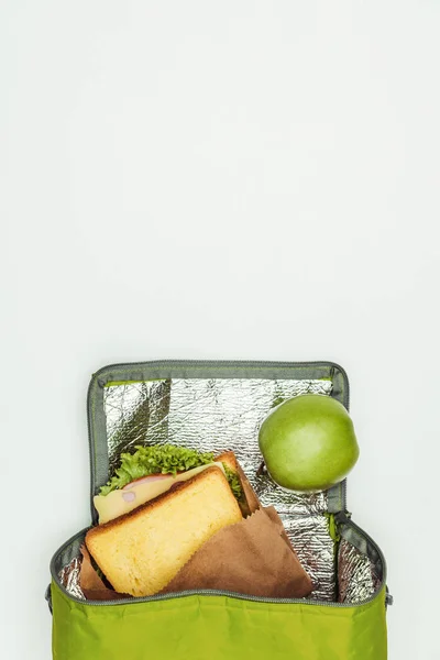 Vista Superior Sanduíche Maçã Saco Almoço Isolado Branco — Fotografia de Stock