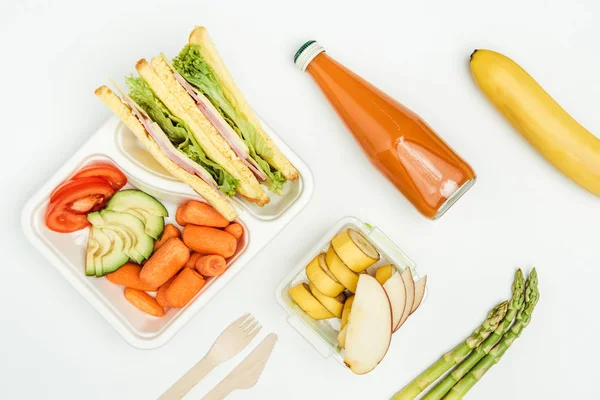 Top View Sandwiches Fruits Vegetables Lunch Boxes Isolated White — Stock Photo, Image
