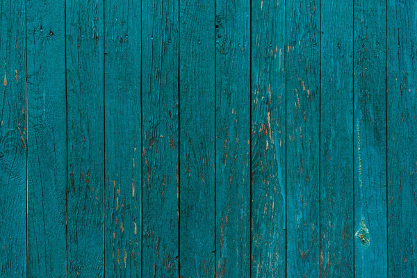 Wooden fence planks background painted in blue 