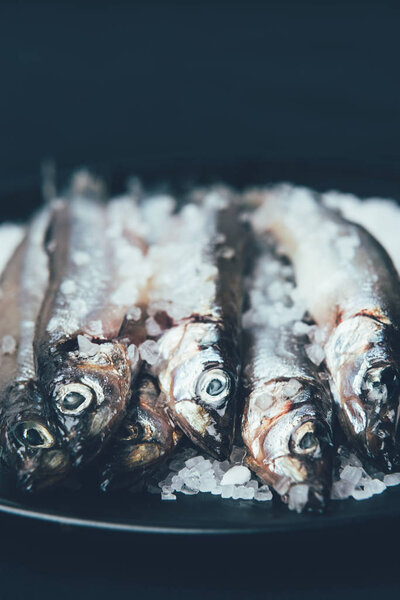 Close up of pile of salted fish in frying pan isolated on black