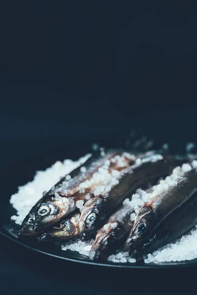 Куча Соленой Рыбы Сковороде Изолированы Черном — стоковое фото