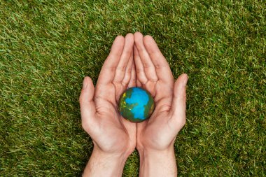 cropped image of man holding earth model in hands above green grass, earth day concept clipart