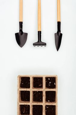 top view of flower pots with garden shovel, rake and hoe isolated on white, earth day concept clipart