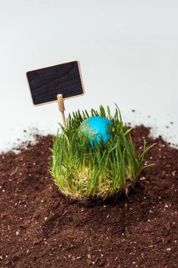 seedling with earth model and blackboard on soil isolated on white, earth day concept clipart