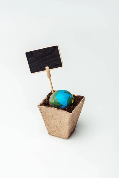 Earth Model Flower Pot Soil Blackboard Isolated White Earth Day — Stock Photo, Image