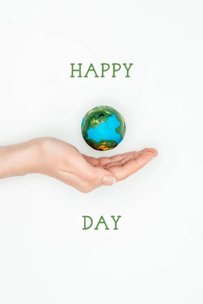 Cropped Image Woman Holding Earth Model Hand Sign Happy Earth — Stock Photo, Image