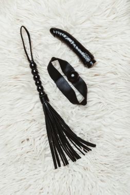 Black leather whip and ball gag with dildo