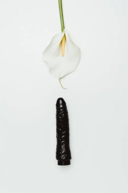 Black dildo with white calla flower isolated on white