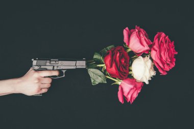 Female hand holding gun with bouquet of rose flowers isolated on black clipart