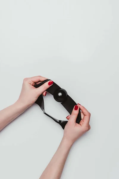 Black Ball Gag Female Hands Isolated White — Stock Photo, Image