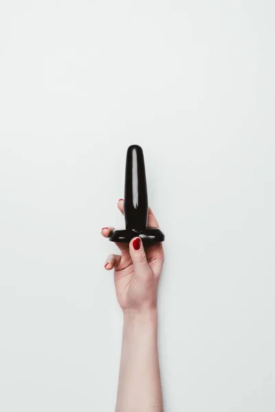Svart Buttplug Kvinnlig Hand Isolerad Vit — Stockfoto
