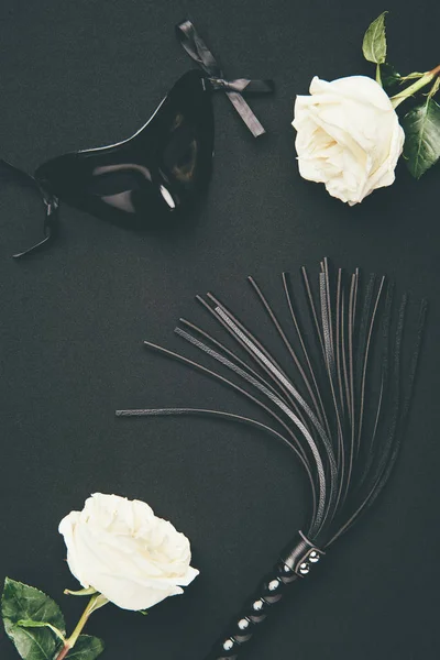 Black Flogging Whip Mask White Roses Isolated Black — Stock Photo, Image