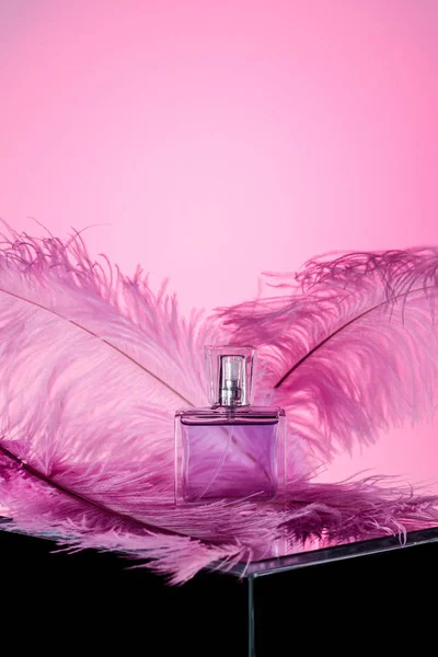 Ένα Μπουκάλι Άρωμα Πολυτελείας Φτερά Ροζ — Φωτογραφία Αρχείου