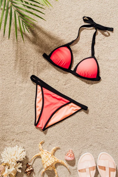 Top View Stylish Bikini Lying Sandy Beach — Stock Photo, Image