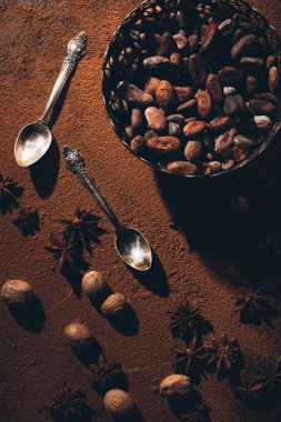 top view of cocoa beans in bowl, vintage spoons and star anise on cocoa powder clipart