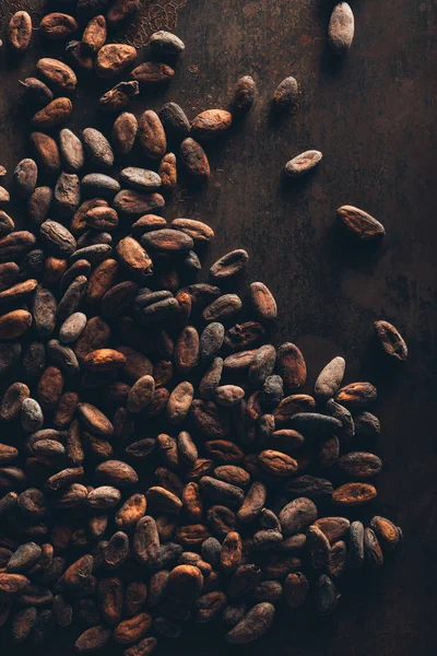Vista Dall Alto Dei Chicchi Cacao Gourmet Sulla Superficie Scura — Foto Stock