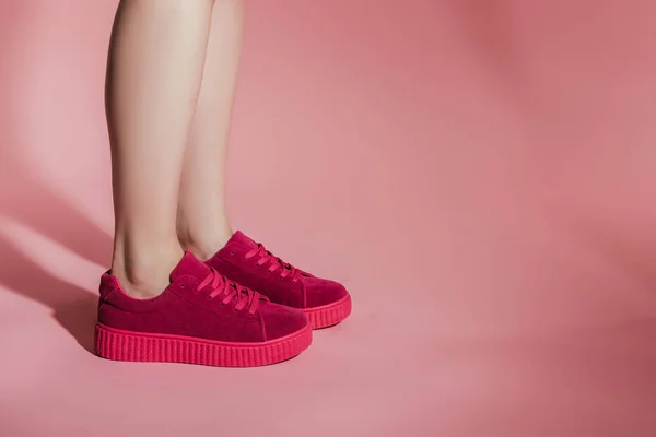 Cropped Image Woman Legs Stylish Sneakers Pink Background — Stock Photo, Image