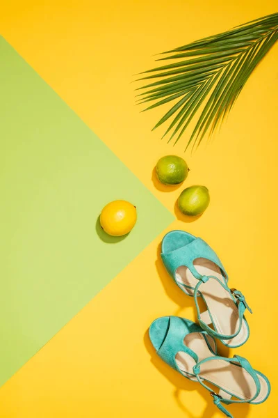 Draufsicht Auf Stilvolle Weibliche Blaue Plateausandalen Zitrone Limetten Und Palmblatt — Stockfoto