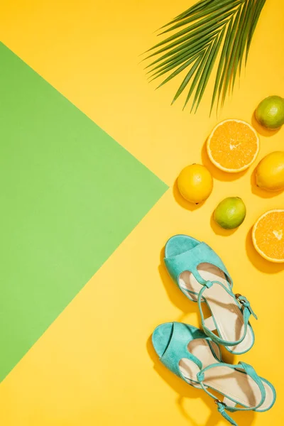 Vista Elevada Hoja Palma Elegantes Sandalias Plataforma Azul Femenina Limones — Foto de Stock