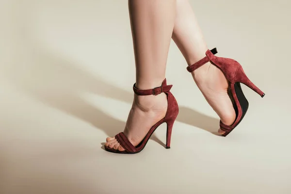 Cropped shot of woman feet in stylish high heeled sandals on white background — Stock Image Cropped Shot Woman Feet Stylish High Heeled Sandals White Background Stock Photo