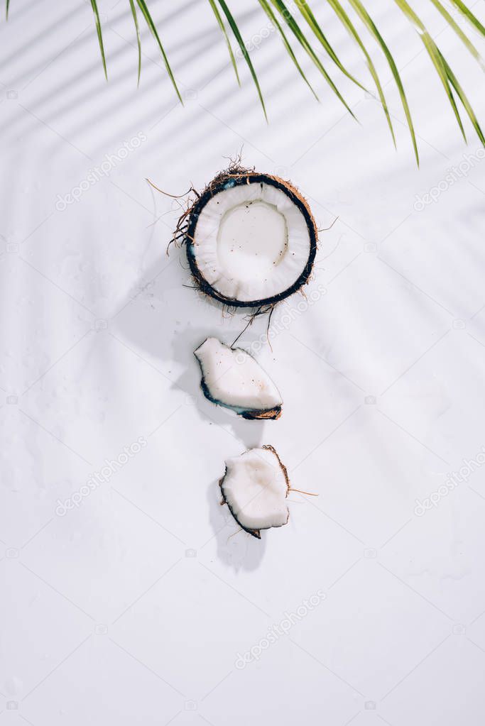 top view of pieces of delicious healthy coconut and green palm leaves on white  