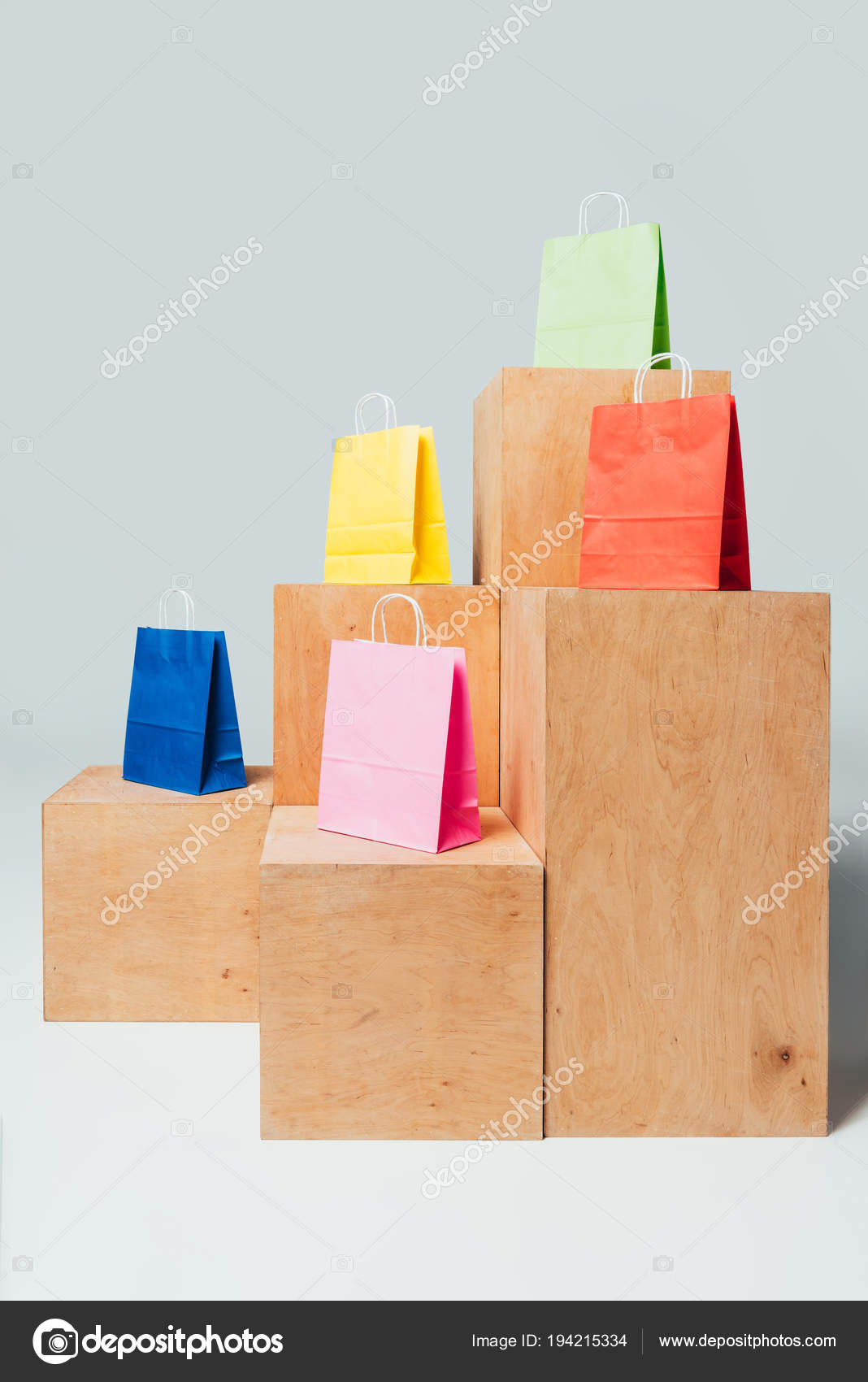 Colored Paper Bags Wooden Stands Summer Sale Concept Stock Photo