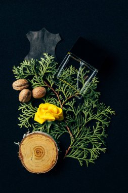 top view of bottle of perfume on coniferous branches on black clipart