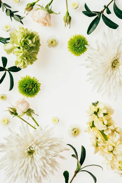 Vista Superior Várias Flores Verdes Brancas Branco — Fotografia de Stock