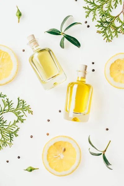 Top View Bottles Fresh Perfume Green Branches Lemon Slices White — Stock Photo, Image