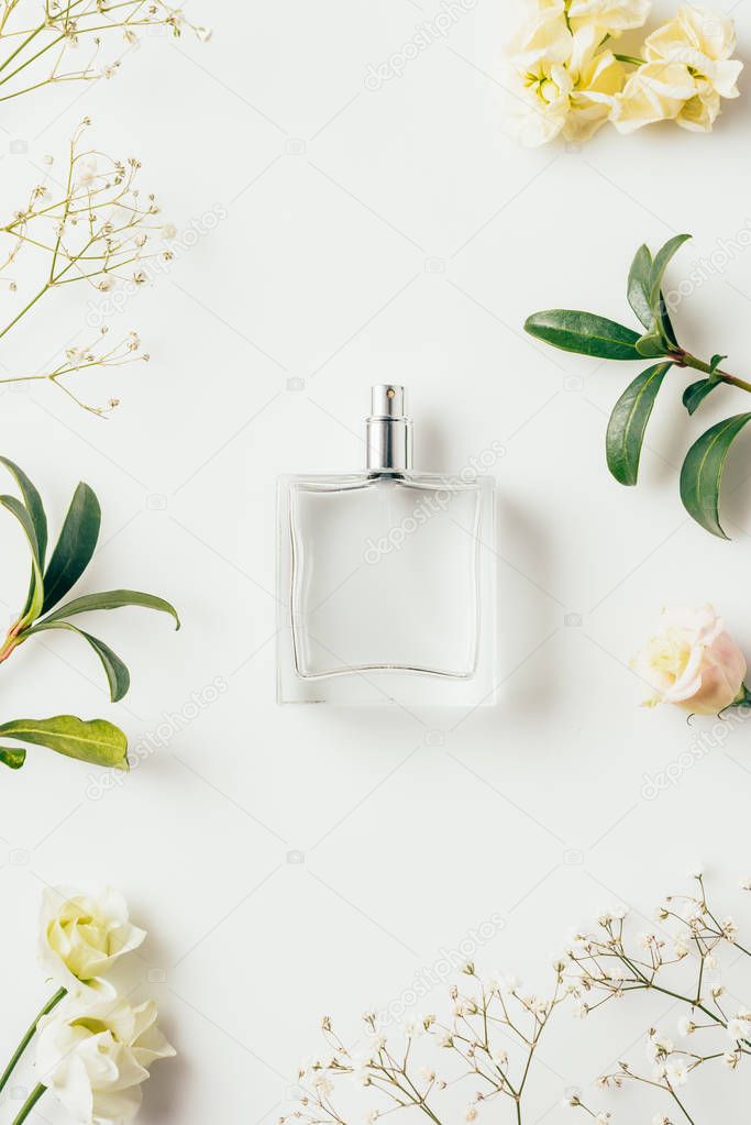 top view of bottle of perfume surrounded with flowers and green branches on white