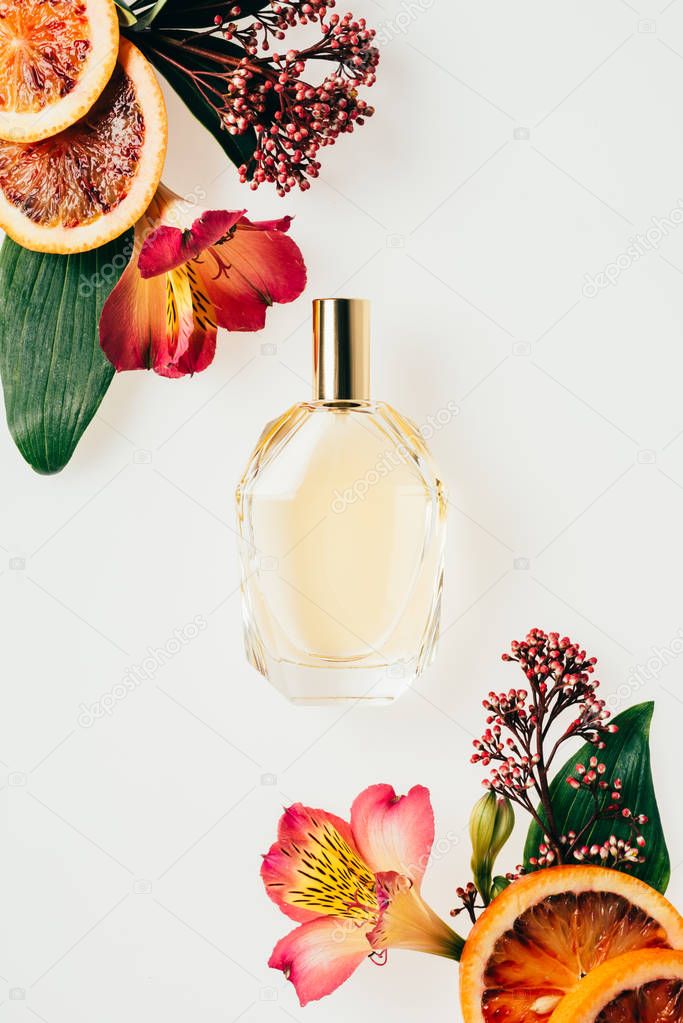 top view of glass bottle of aromatic perfume with various flowers and grapefruit slices isolated on white