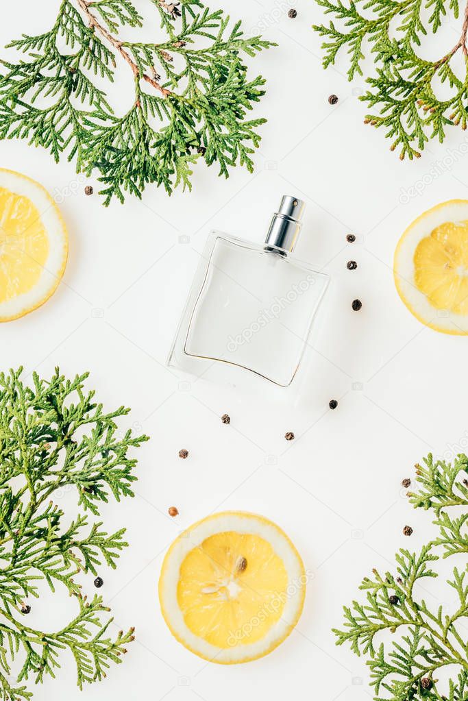 top view of bottle of fresh perfume with green branches and lemon slices on white surface
