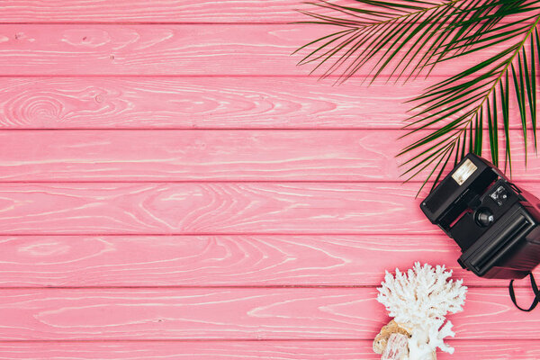 top view of instant print camera with coral and palm leaves on pink wooden surface