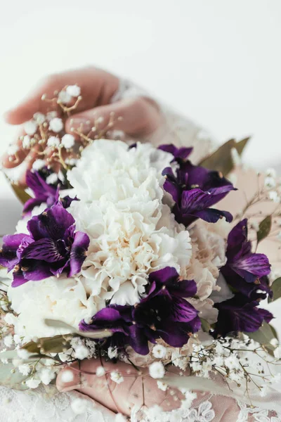 Partial View Bride White Dress Beautiful Bridal Bouquet Hands — Stock Photo, Image