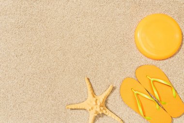 kum üzerinde deniz yıldız, sarı flip flop ve uçan disk Üstten Görünüm