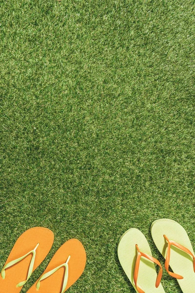 Sett Ovenfra Grønne Oransje Sandaler Grønn Plen – stockfoto
