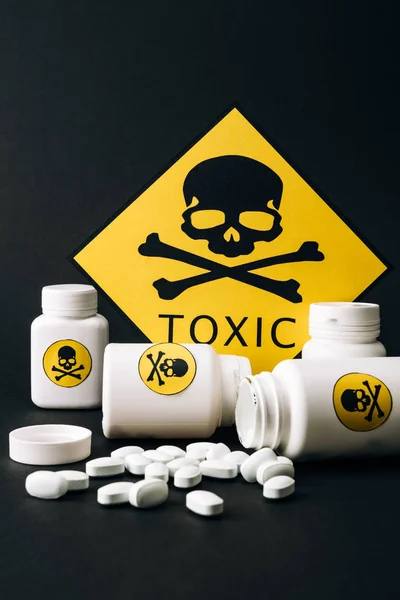 Toxic Sign Jars Pills Isolated Black — Stock Photo, Image