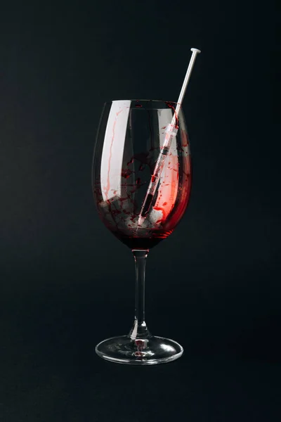 Wine Glass Syringe Blood Isolated Black — Stock Photo, Image