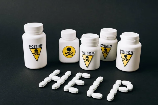 Jars Poison Sign Help Lettering Pills Isolated Black — Stock Photo, Image